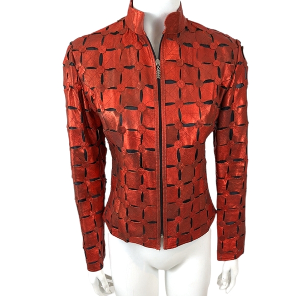 Vintage 80s Red Metallic Leather Cut Out Jacket Image Leather Womens XS Thriller - Picture 1 of 14